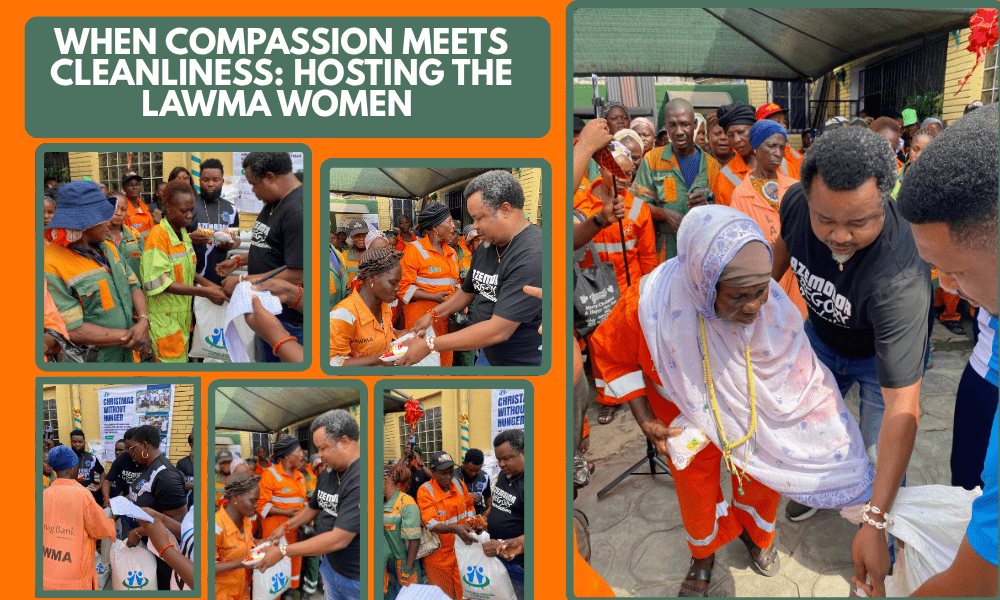 The Azemobor Gregory Foundation outreach team presenting food packages to LAWMA workers in Lagos.